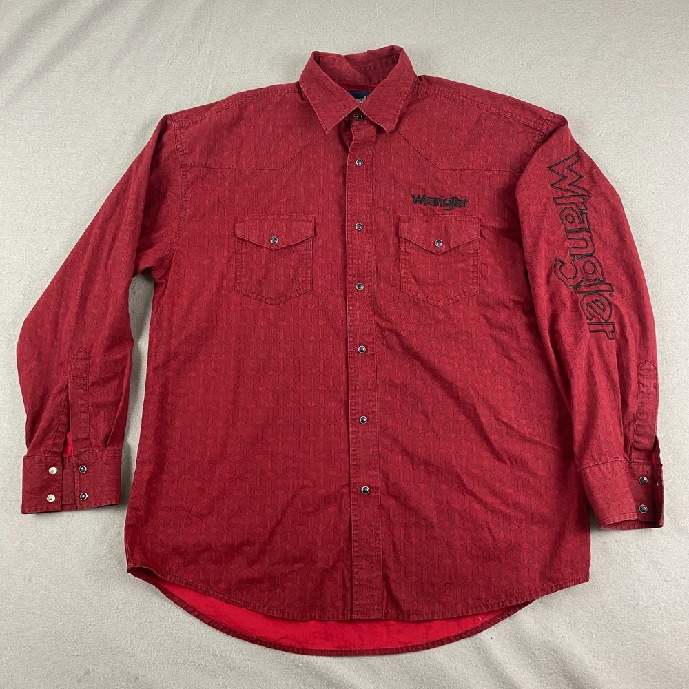 Wrangler Mens Shirt L Embroidered Logo Sleeves Western Rodeo burgundy pattern